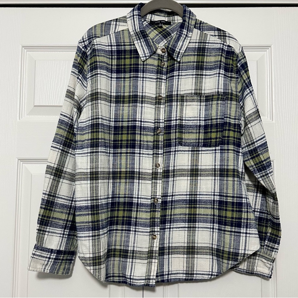 Love Tree Flannel‎ Plaid Shirt in Blue Green & White Size Medium VGUC